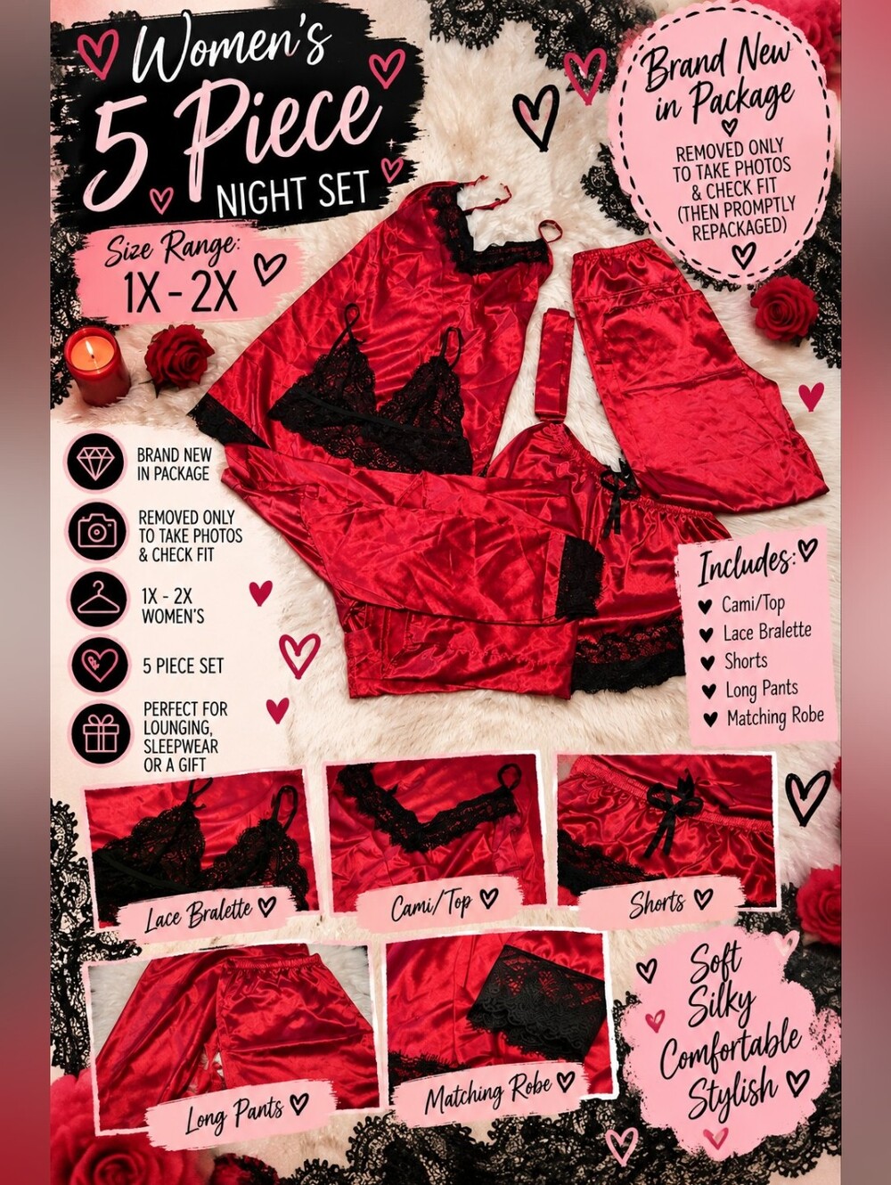 Womens New in Package 5-Piece Red Satin & Black Lace Night Set | Estimated 1X–2X